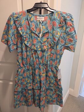 Maisie Turquoise Indian Block Print Floral Ruffle Dress Sz LARGE